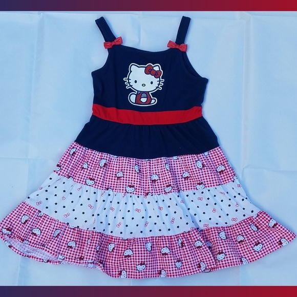 Hello Kitty Other - Hello Kitty Blue Red Girls Gingham Bow Dress Sz 6X